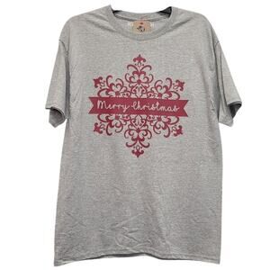 New Hand Printed Womens Large Merry Christmas Floral Scrollwork Short Sleeve Tee